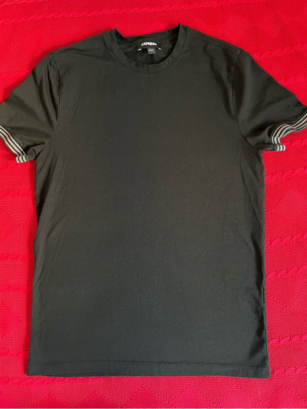 Express Black Short-Sleeve Crewneck Tee with Striped Sleeve Trim